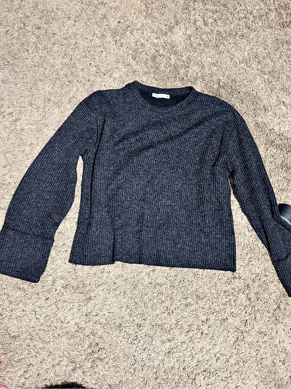 ZARA Charcoal Gray Ribbed Knit Sweater Wide Cuff Size Small